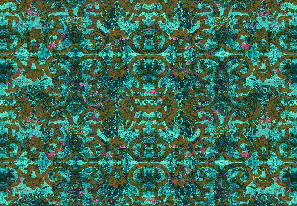 Dizzy fabric full repeat in turquoise, burnt orange and pink on teal background with floral like damask print 