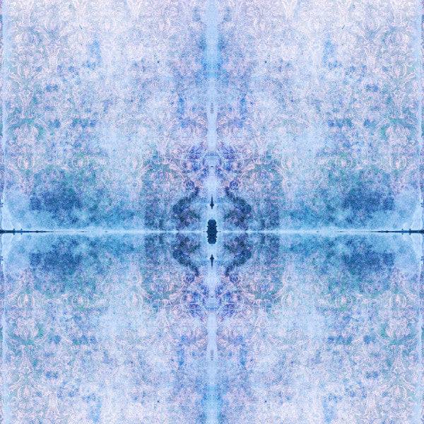 A fabric sample with a misty blue color and a floral pattern, edges frayed