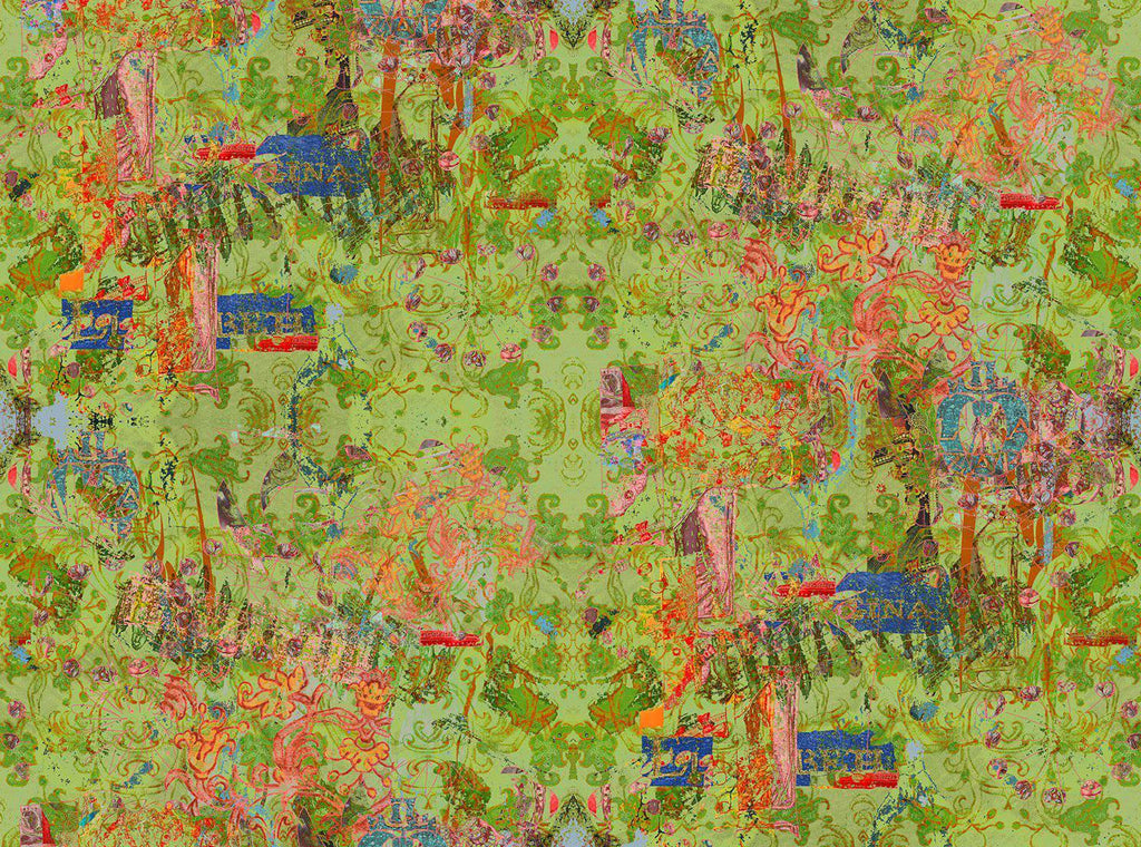 Elizabeth fabric - vibrant Tudor-inspired design in lime green, orange and navy with layered visual textures 