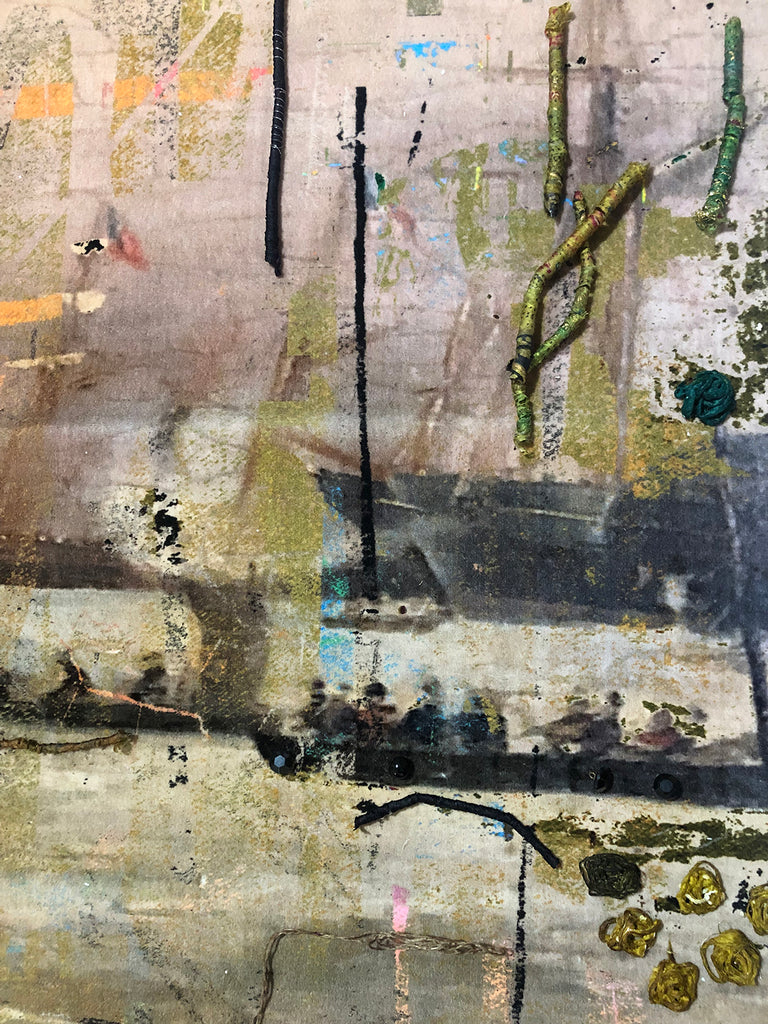 ‘Galliot’ textile art tapestry with hand-dyed ruche trim, inspired by Turner seascapes and pirate folklore.