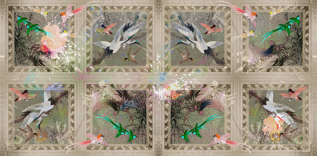 Paradise designer fabric layout showing oriental birds and botanical details for upholstery 