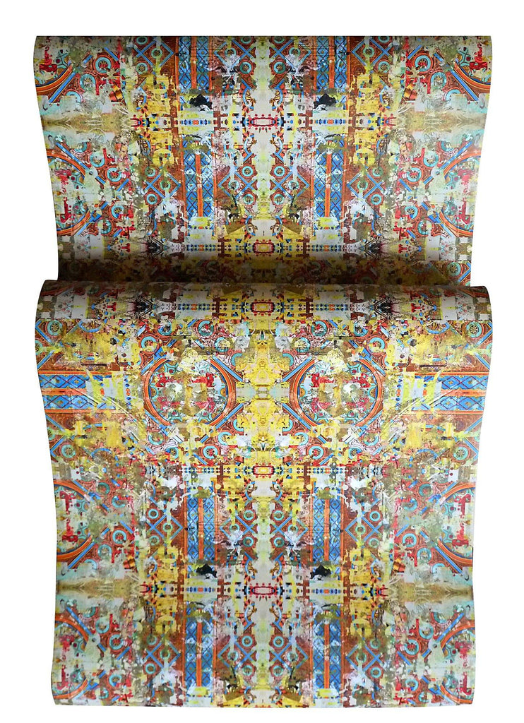 Fresco wallpaper roll displayed as a hanging panel, showing its bold, symmetrical design. 