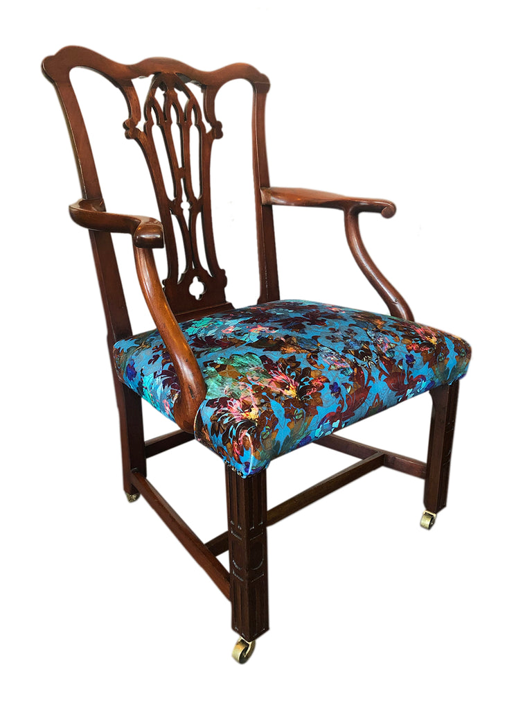 Luxury Georgian chair for sale UK, Designer antique chair for sale UK, Luxury patterned velvet for sale UK, Luxury Patterned upholstery for sale UK, Blackpop Design UK, Blue patterned velvet for sale UK, Wirksweth Textiles UK, 