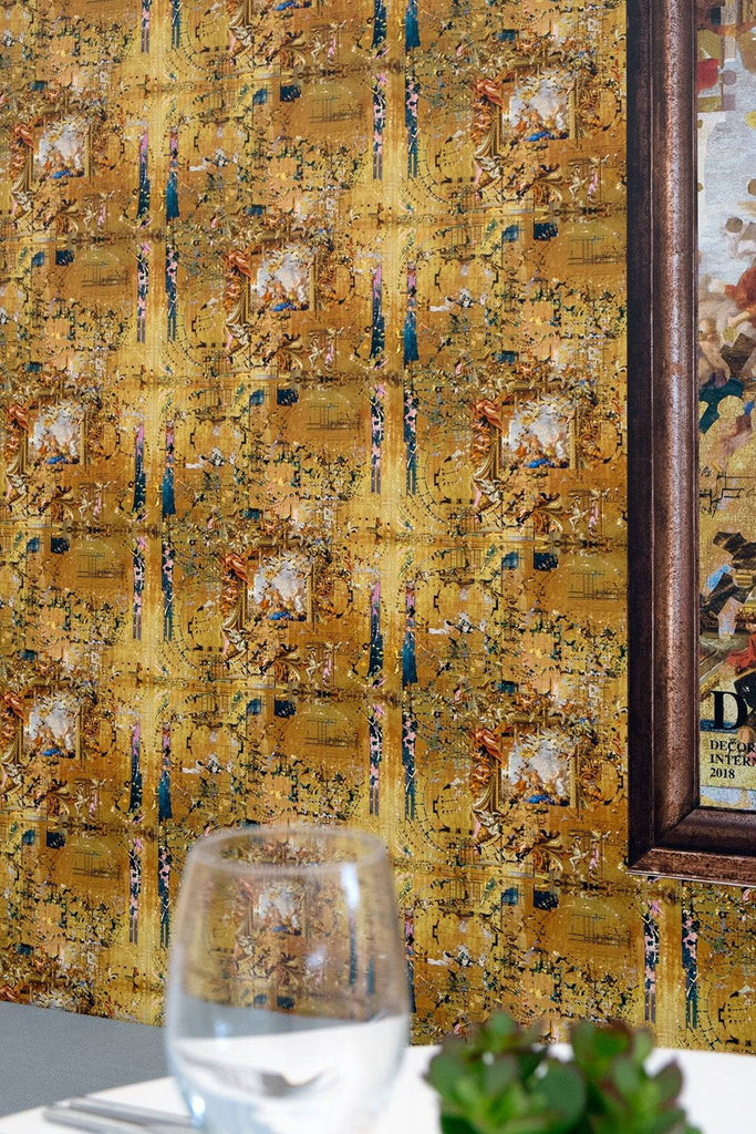 Hampton Gold wallpaper in classic interior setting, adding dramatic golden backdrop. 