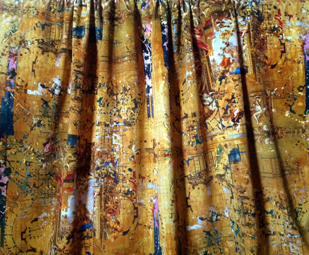 Hampton Gold fabric used for luxury drapery showcasing dramatic velvet pattern 