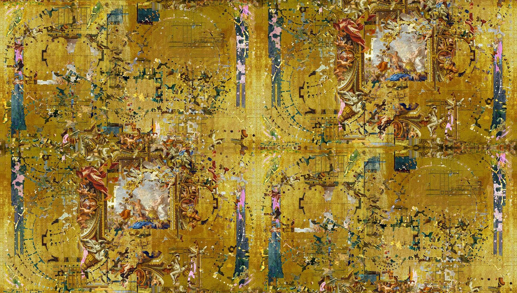 Hampton Gold pattern with a gold and multicolor complex pattern, featuring baroque-style motifs and figures.