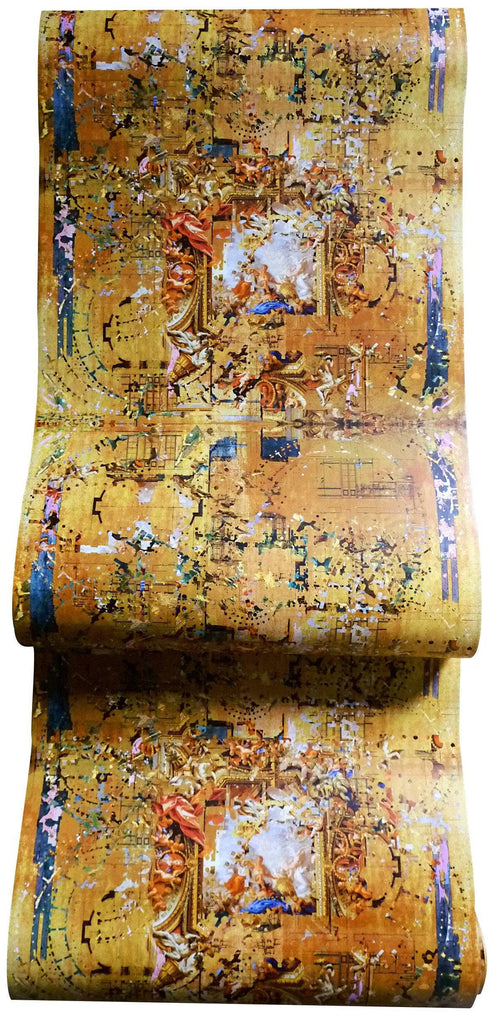 Hampton Gold wallpaper roll displaying intricate architectural and decorative patterns. 