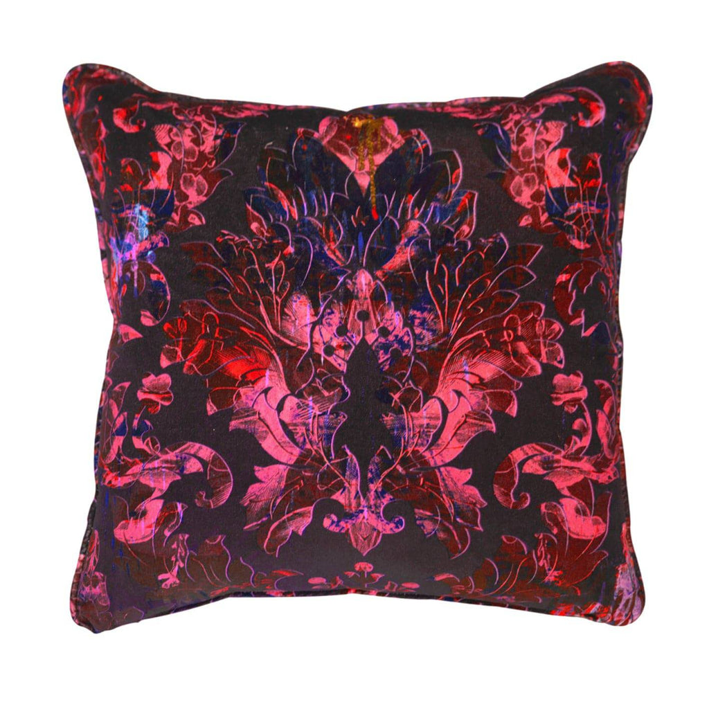 'Moulin' velvet cushion with pink and purple damask pattern