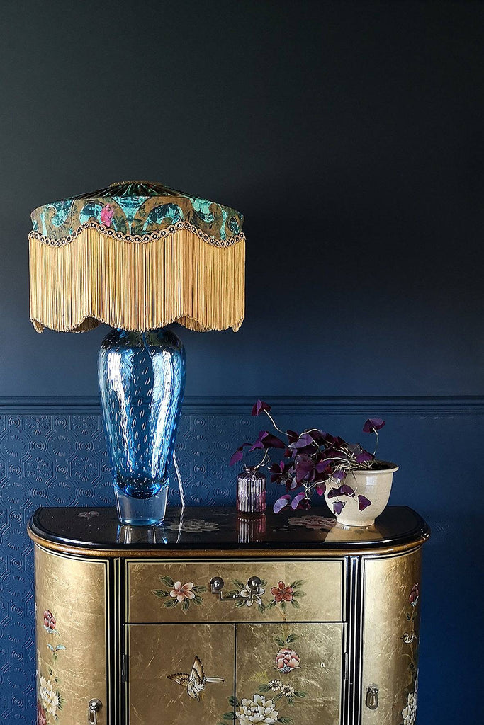 Silk fringed lampshade, bespoke lampshade, luxury lampshade, Luxury interiors lighting, vintage-inspired lampshade, home decor statement piece, interiors shop in Derbyshire 