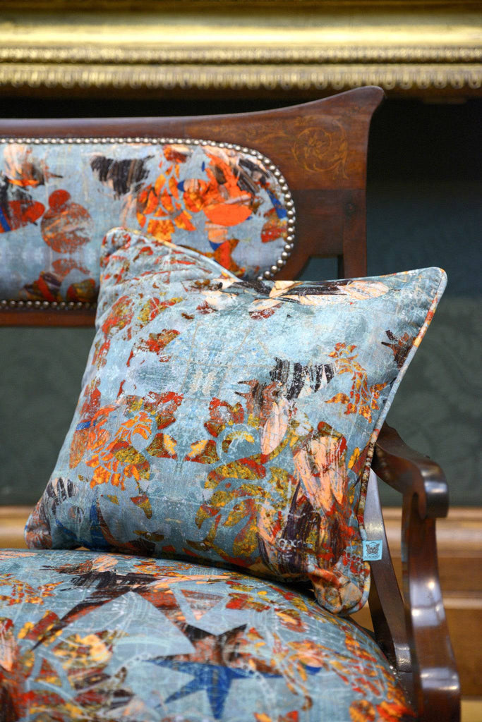 Mary velvet cushion in designer upholstery fabric with abstract geometric design