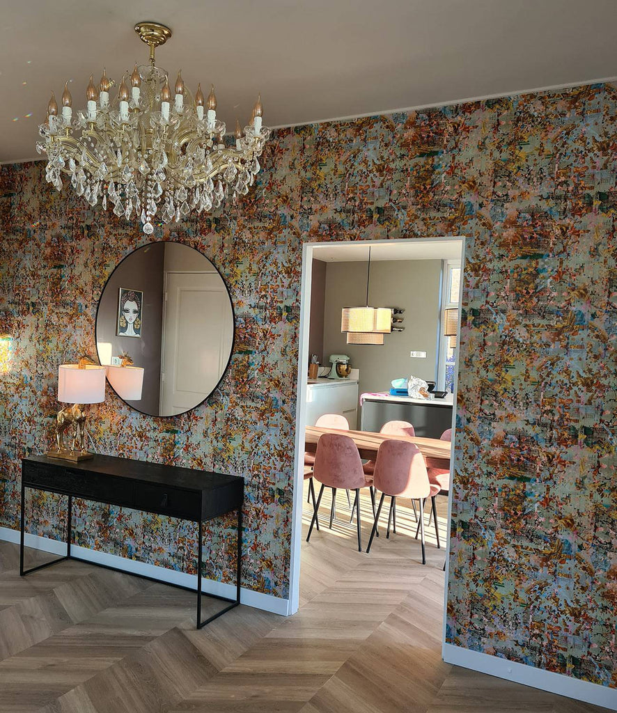 Neo13 designer wallpaper in multicoloured luxury wall covering with abstract geometric pattern in gold, teal, pink and grey tones 