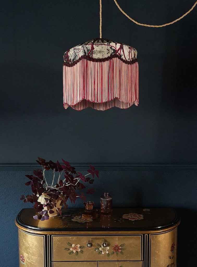 Silk fringed lampshade, bespoke lampshade, luxury lampshade, Luxury interiors lighting, vintage-inspired lampshade, home decor statement piece, interiors shop in Derbyshire 