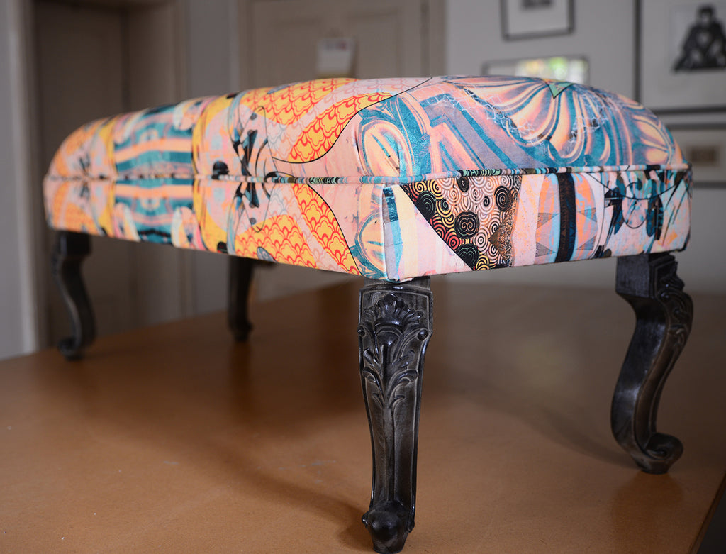 Luxury velvet pouffe for sale uk, designer upholstery piece UK, Sustainable patterned velvet for sale UK, Luxe furniture for sale UK, Designer interiors UK, Yellow patterned velvet for sale UK, blacktop design UK, Wirksworth design UK