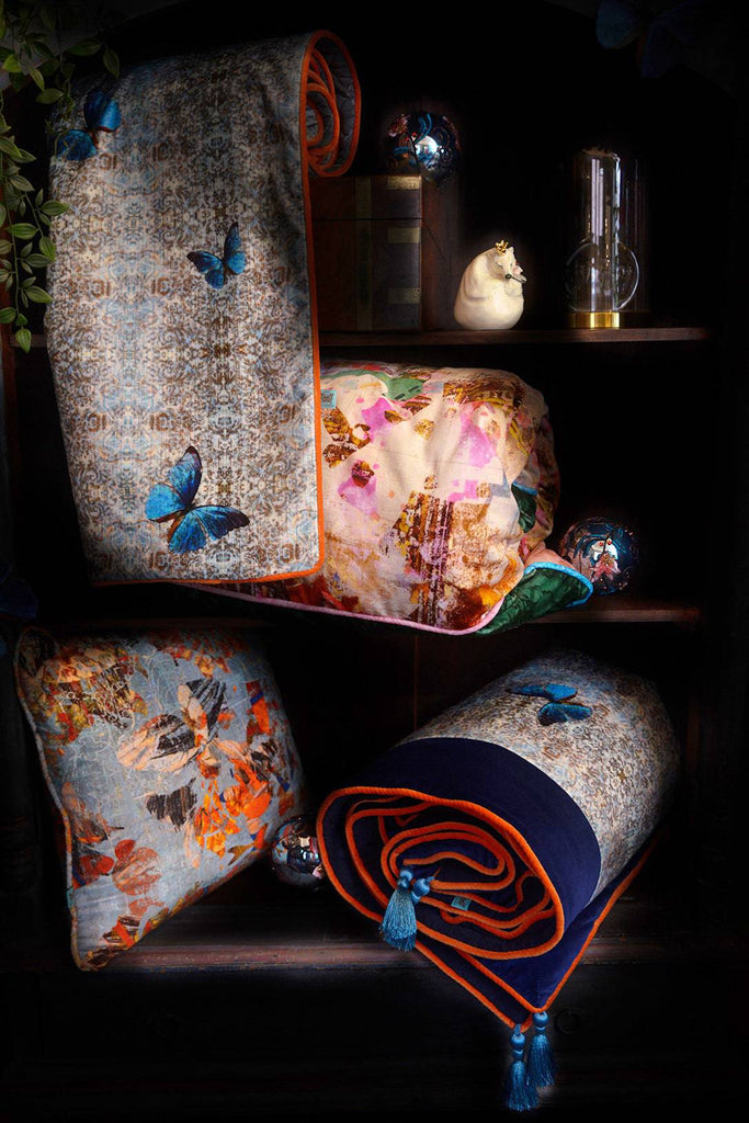 Chapelle Morpho Bed Throw - Blackpop | Designer Wallpaper, Luxury Fabric & Bespoke Furniture, bespok ebed throws and runners, velvet bed runner UK, velvet butterflies bed clothes, luxury velvet butterfly material, blue butterflies bedroom UK, blue and orange bedrooms, butterfly bedroom ideas, 