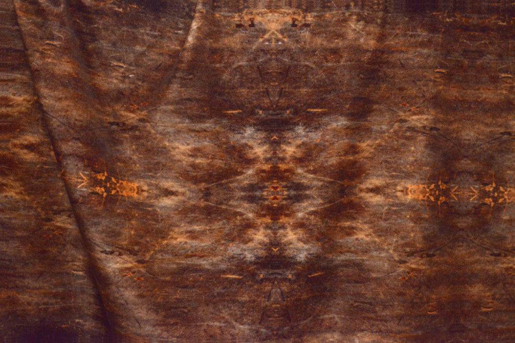 Geo Earth Fabric showing mirrored weathered detailed print in browns and beiges 