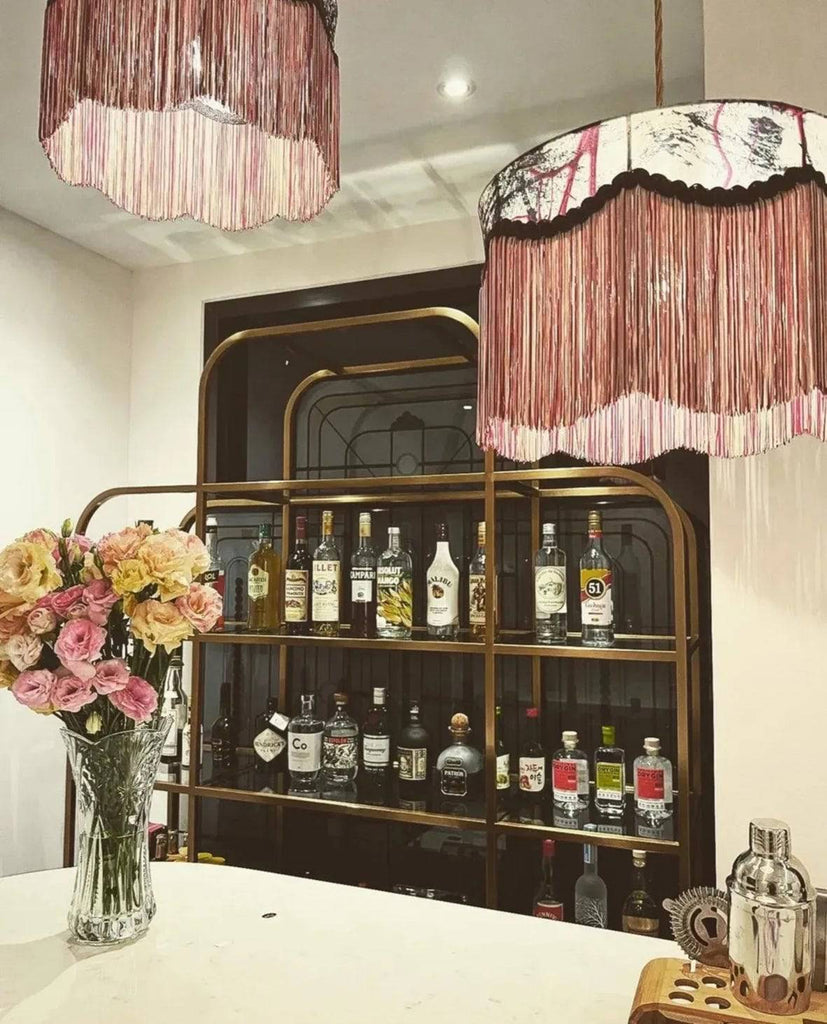 'Vanguard Vibe' Silk Fringed Lampshade - Blackpop | Designer Wallpaper, Luxury Fabric & Bespoke Furniture,pink fringed lampshades,bespoke silk lampshades uk,designer lightshades uk,bespoke pinks and reds silk lampshades,