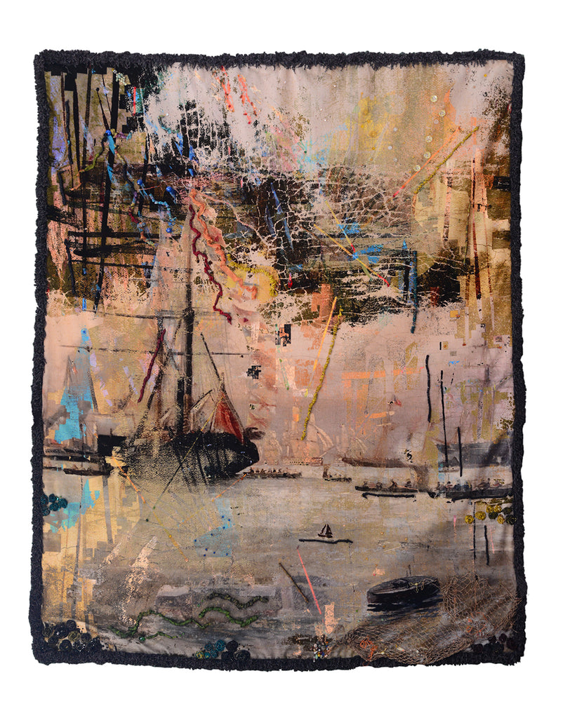Luxury velvet wall hanging ‘Galliot’ with hand-dyed ruche trim, inspired by misty seascapes and maritime history. 