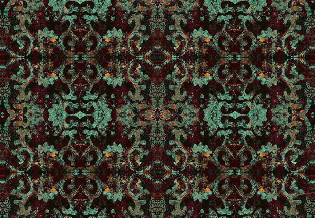Monk design repeat with green and deep red Dutch Delft-inspired pattern 