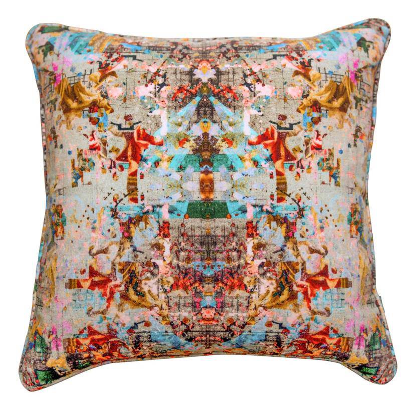Neo13 velvet square cushions featuring multicoloured pattern on white background. 