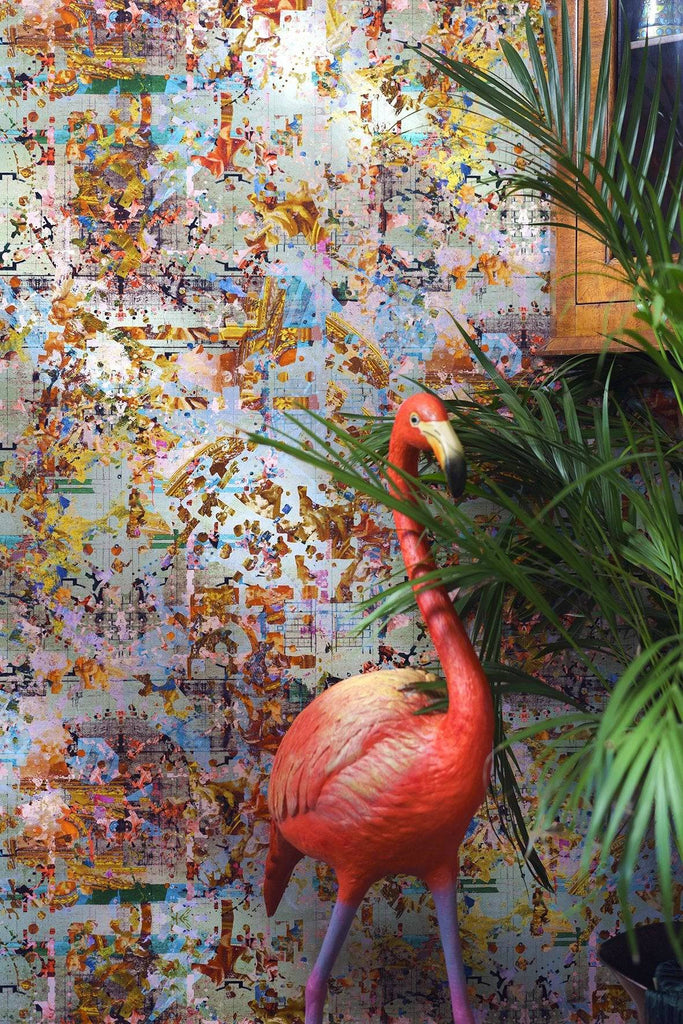 Neo13 luxury wallpaper with abstract geometric patterns in pink, gold, blue and grey 