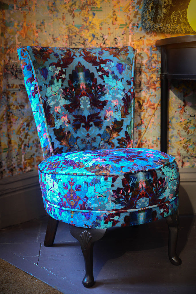 Orpheus Velvet Boudoir Chair - Blackpop | Designer Wallpaper, Luxury Fabric & Bespoke Furniture, bespoke chair reupholstery in drebyshire, velvet damask chair uk, occasional chairs for sale in the midlands, turquoise velvet upholstery fabric, chairs for luxury homes uk,