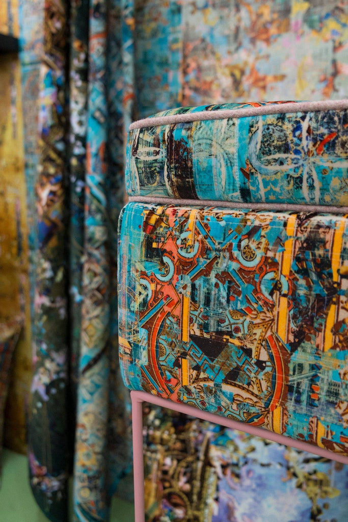 Blue abstract velvet cushion, Luxury velvet cushions, vibrant cushions, UK-made cushions, bespoke cushions, duck feather cushions, hypoallergenic cushions, interior shop in Derbyshire 