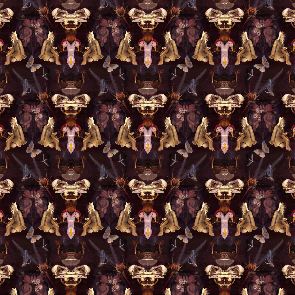 Reader fabric design showing detailed figures and animals in colours of deep burgundy, pink and red 