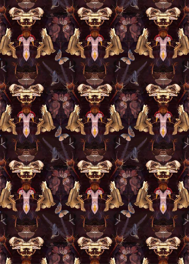 ‘Reader’ wallpaper and fabric design featuring deep plum, red and beige mirrored figurative patterns with pops of lilac. 