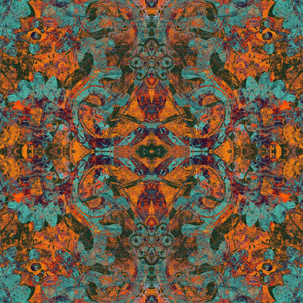 Rosetta fabric pattern detail with abstract Dutch-Delft patterns in orange, green and purple