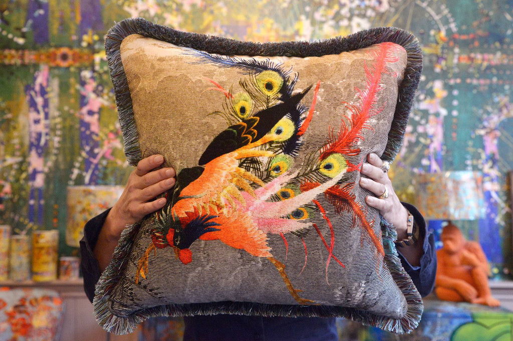 Bird inspired velvet cushion, Luxury velvet cushion with fringing, bespoke interiors, interiors shop in Derbyshire, Wirksworth textiles UK  
