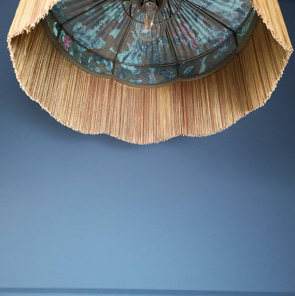 Silk fringed lampshade, bespoke lampshade, luxury lampshade, Luxury interiors lighting, vintage-inspired lampshade, home decor statement piece, interiors shop in Derbyshire 