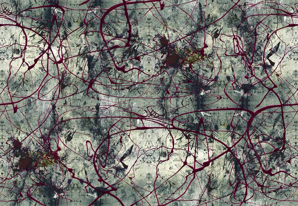 Vanguard Vibe Patterned fabric in modern abstract design with red accents on textured grey textile 