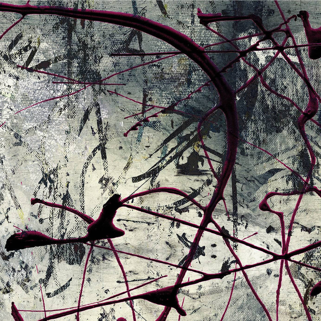 Vanguard vibe fabric detail showing textured abstract design with striking red lines on grey background 