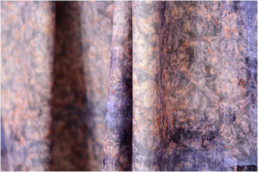 Draped Duprez Vintage Violet velvet showing mirrored damask print and texture 