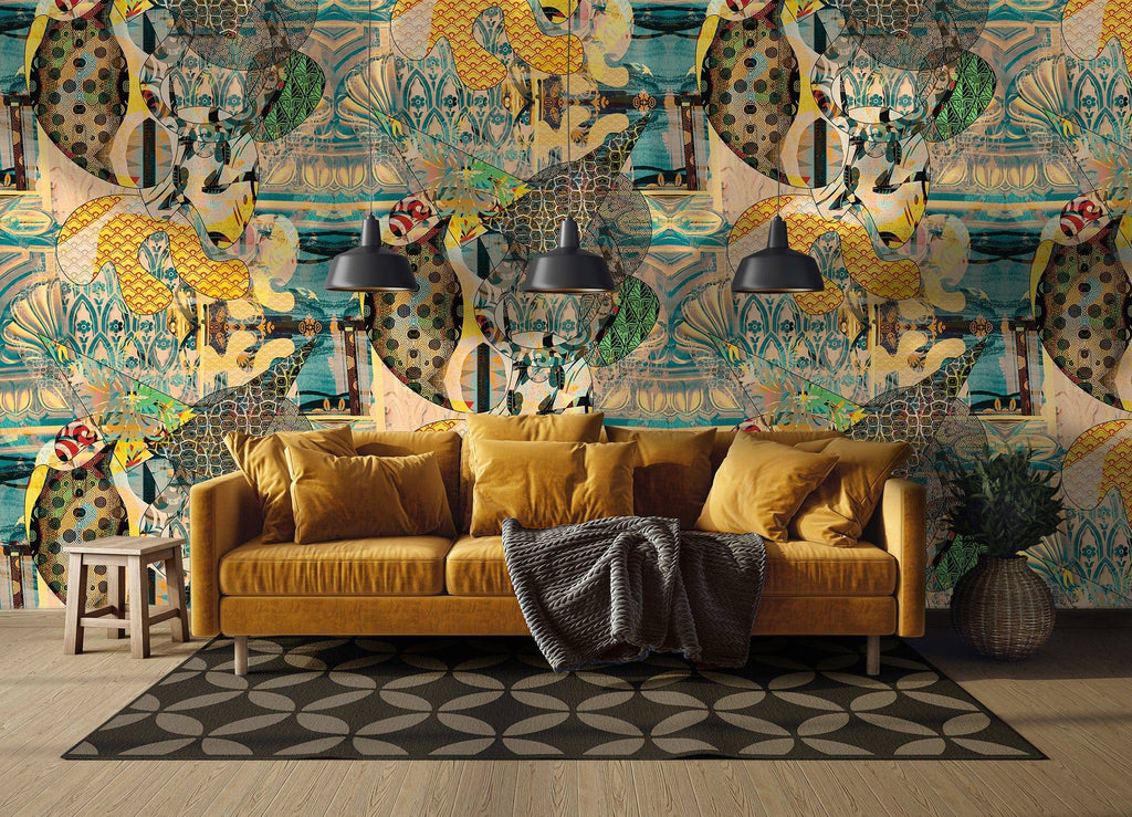 Walladawn wallpaper behind yellow velvet sofa styled with plants and geometric rug. 