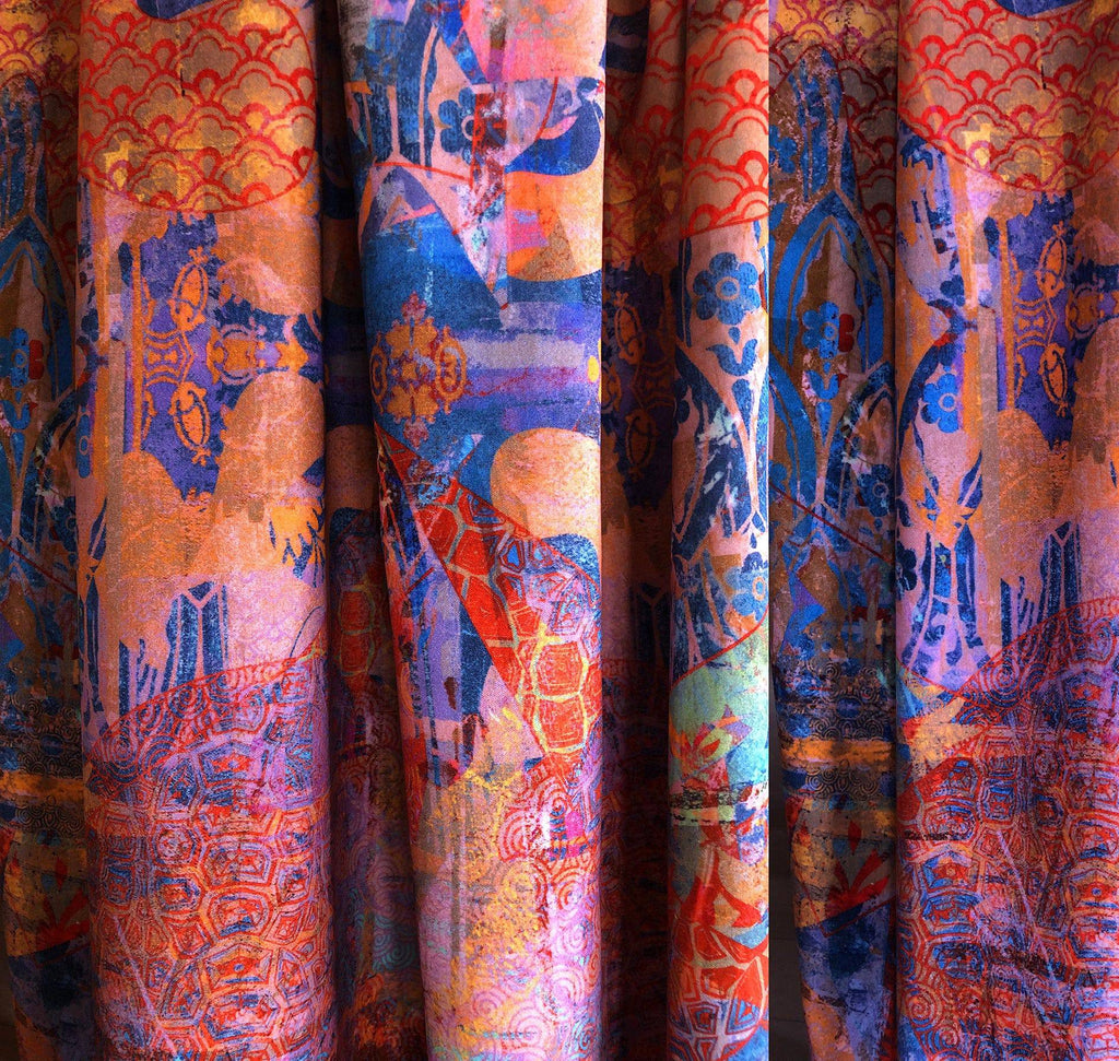 Wallablue fabric - layered print in bright pinks, purples and blues with painterly textures and damask motifs