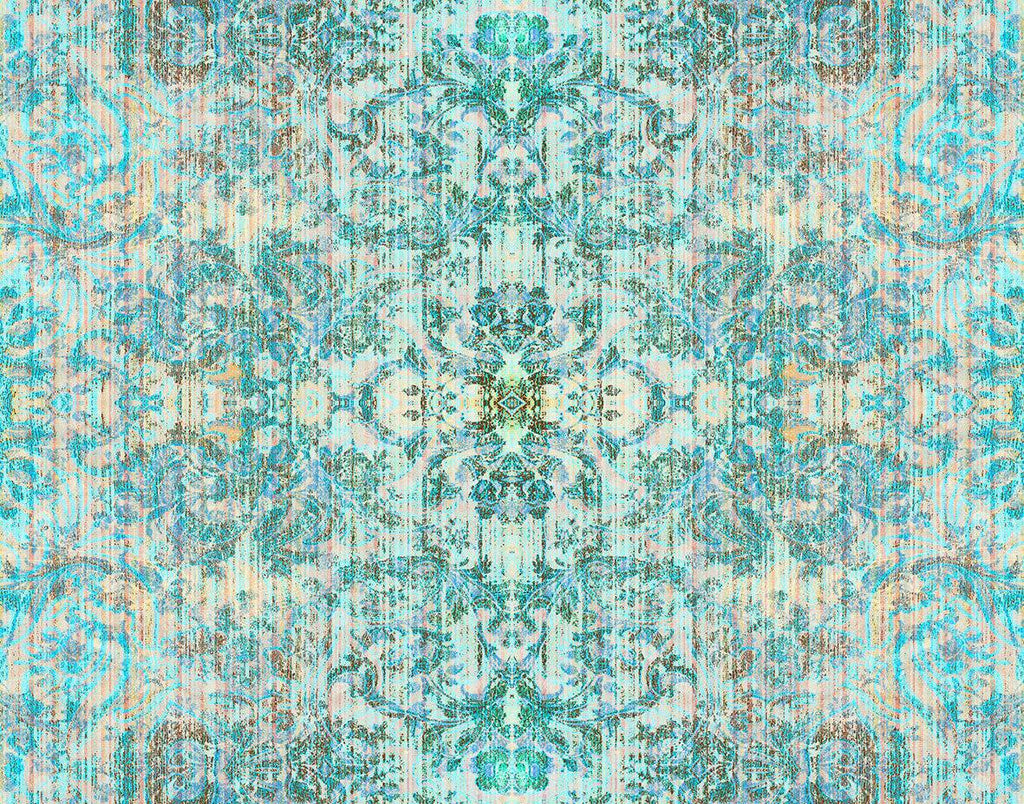 Close-up of Chapelle Noon wallpaper showing intricate damask print in teal, turquoise and soft green tones. 