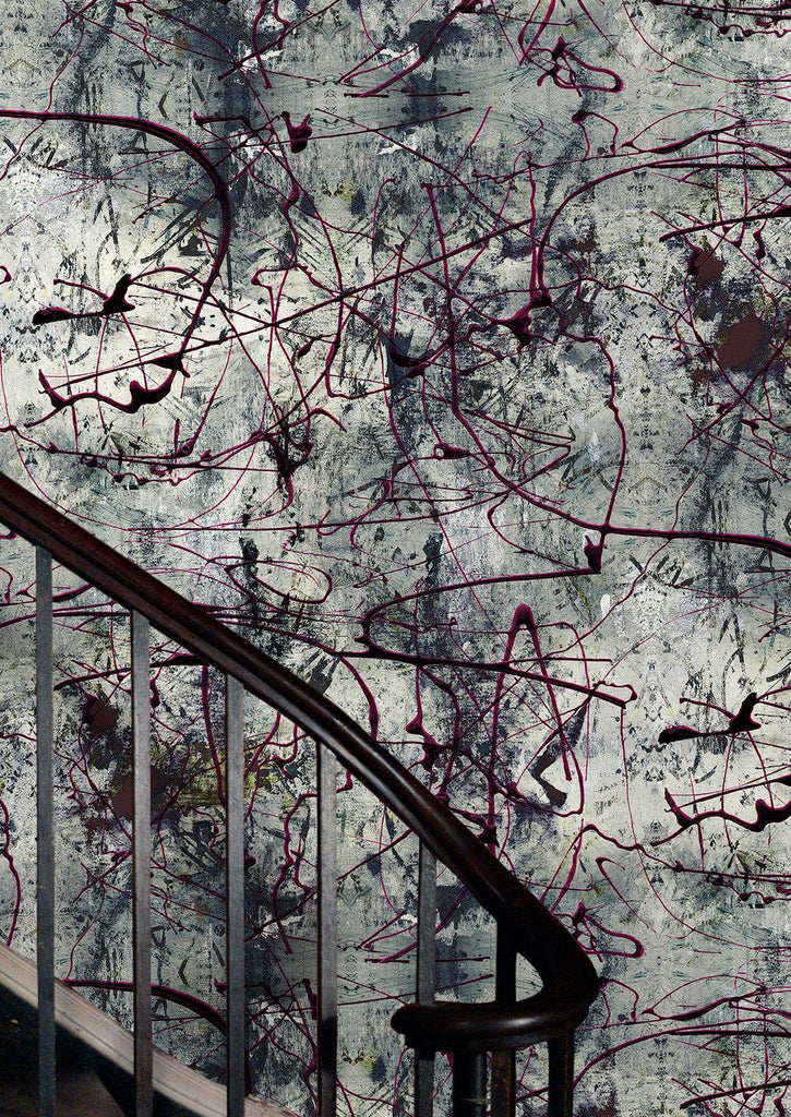 Vanguard Vibe wallpaper with expressive abstract brushstrokes, shown beside a curved staircase. 