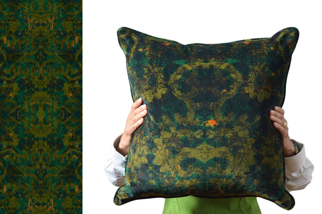 Cushion in Brubeck fabric - opulent green and black velvet with damask-style botanical pattern 